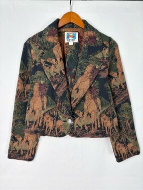 Wooded River Tapestry Equestrian Crop Blazer Horse Dog Size S Green Brown Idaho
